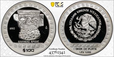 1992-Mo 100 P Brasero Efigie KM-563  Ag PR69DCAM