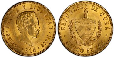 1915 5 Peso KM-19  Au MS64