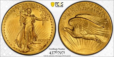 1907 $20 High Relief, Flat Edge MS64