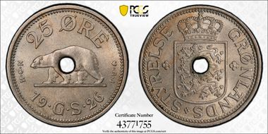 1926-HCN GJ 25 Øre KM-6 Holed MS65