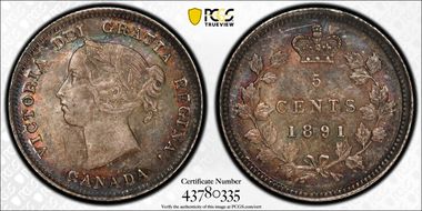 1891 5C Obv 2 WD 1/1 8/8 Low 91 MS64+