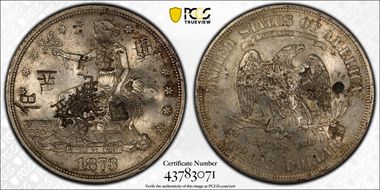 1873-S T$1 Chopmarked AU55