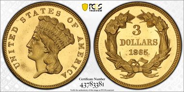 1865 $3 PR65CAM