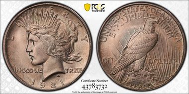 1921 $1 High Relief, Peace MS66