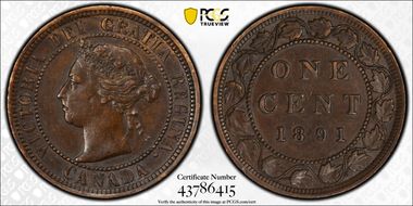 1891 1C Small Date, Large Leaves AU50BN