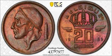 1953 20C KM-146 BELGIQUE MS62BN