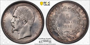 1852-A 5 Fr Gad-726 Tête étroite F-329 MS64