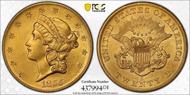 1855-S $20 AU58