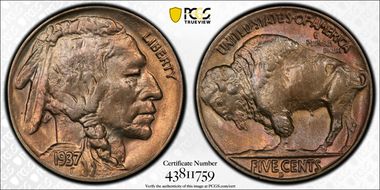 1937-D 5C 3 Legs MS65