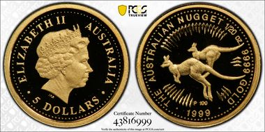 1999-P100 $5 Kangaroos-Nugget PR70DCAM