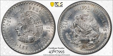 1947-Mo 5 Peso Cuauhtemoc KM-465 Ag MS63