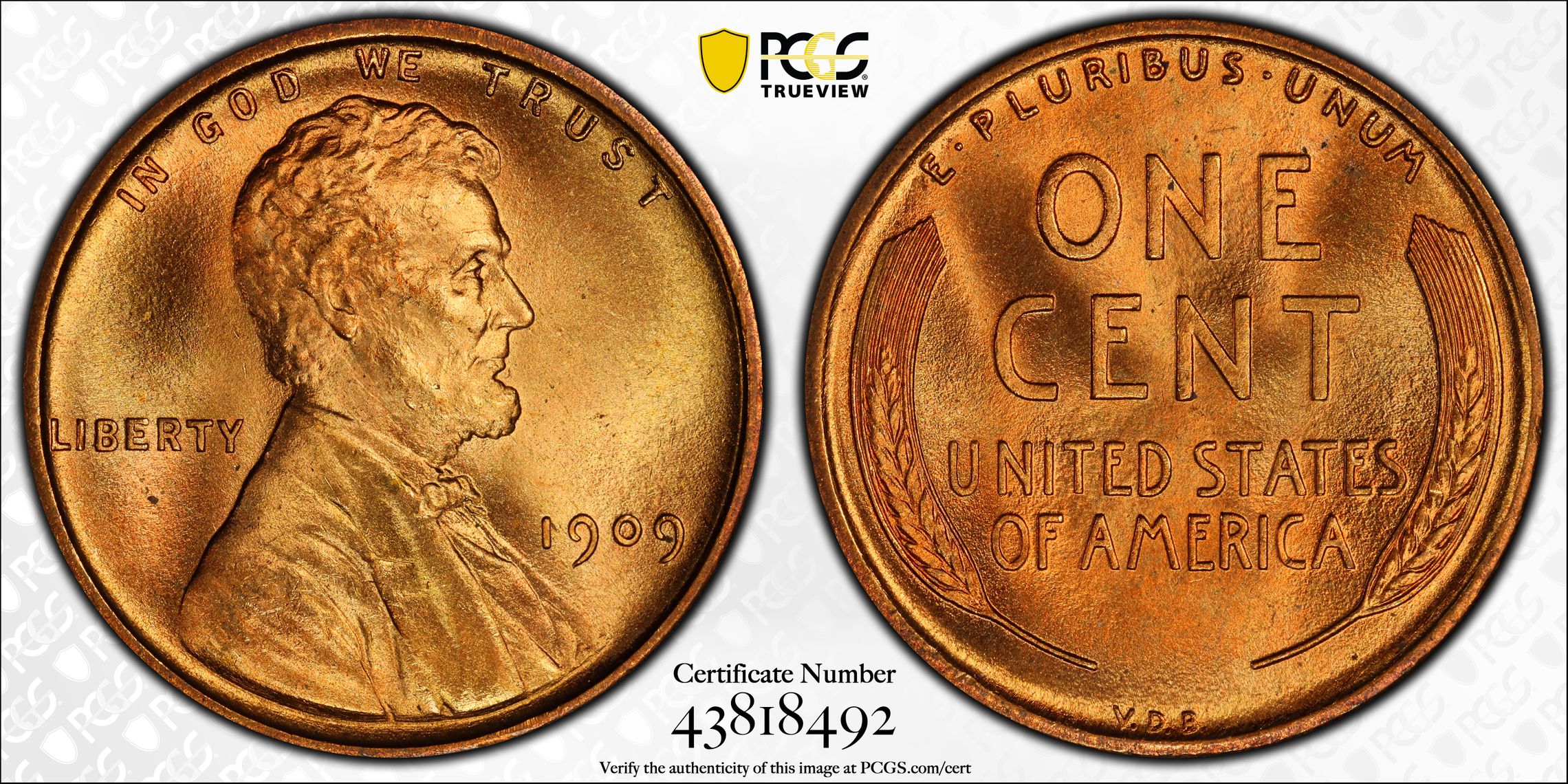 PCGS 钱币信息| 认证编号#43818492 - 1909 VDB The United States of