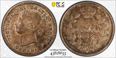 1874-H 5C Small Date, Plain 4 AU55