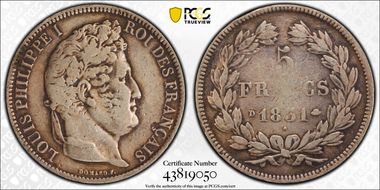 1831-D 5 Fr Gad-677 F-319 Tête laurée - Tr. creux VF20