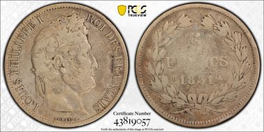 1831-B 5 Fr Gad-677a Tête laurée F15