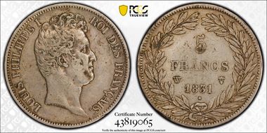 1831-W 5 Fr Gad-676 Tête nue - en creux VF35