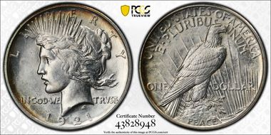 1921 $1 High Relief, Peace N1