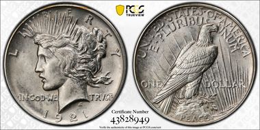 1921 $1 High Relief, Peace N1