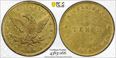 (1849) $10 Miners' Bank AU58