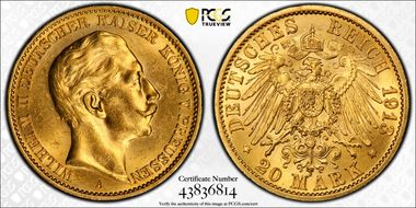 1913-A 20 Mk KM-521 Plain Bust MS64