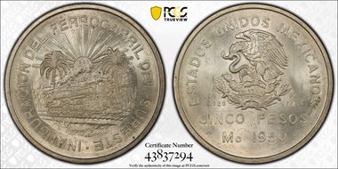 1950-Mo 5 Peso Southeastern Railroad KM-466  Ag MS64