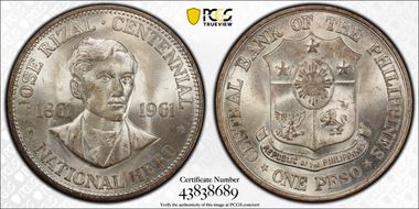 1961 Peso Dr. Jose Rizal KM-192  Ag MS64
