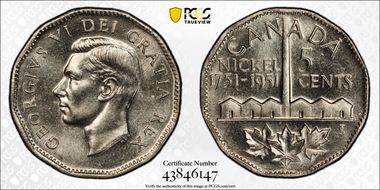 1951 5C Nickel Bicentennial MS65
