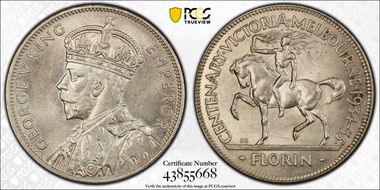 1934-35 Florin Centennial KM-33  Ag MS65