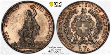 1872 5 Fr Zurich R-1731a MS62