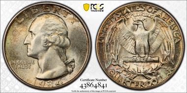 1934 25C Doubled Die Obverse MS63+