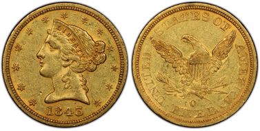 1843-O $5 Large Letters AU53