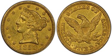 1850-C $5 Weak C AU55