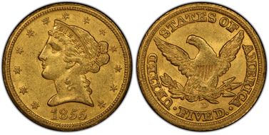 1855-D $5 Large D AU58