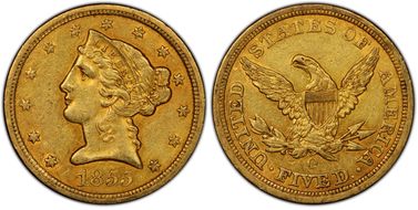 1855-O $5 AU55