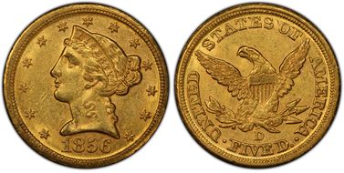 1856-D $5 AU58
