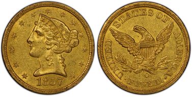 1857-O $5 AU58+