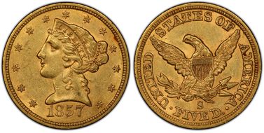 1857-S $5 MS61