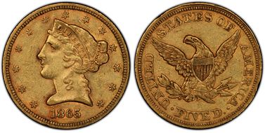 1865 $5 AU53