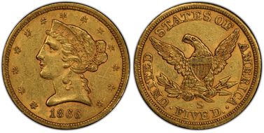 1866-S $5 No Motto AU58