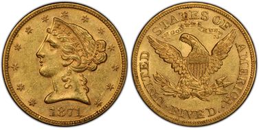 1871 $5 AU58