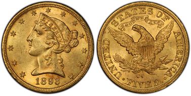 1893-CC $5 MS63+