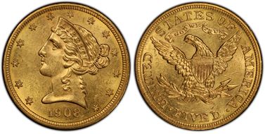 1908 $5 Liberty MS62