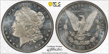1886 $1 VAM 1C 3+2 Clashed Rev MS64DMPL