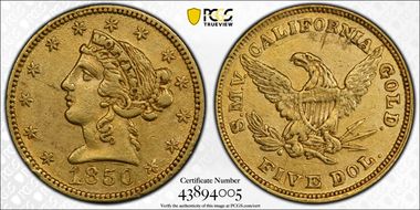 1850 $5 Moffat & Co. AU55