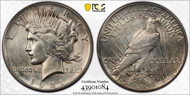 1921 $1 High Relief, Peace N1