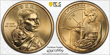 2014-P $1 Weak Edge Lettering Native American, Pos. A MS66