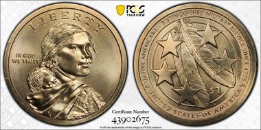 2021-P $1 Weak Edge Lettering Native American - Position A MS67