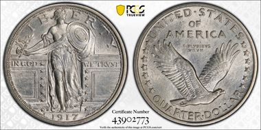 1917-D 25C Type 1 AU58FH