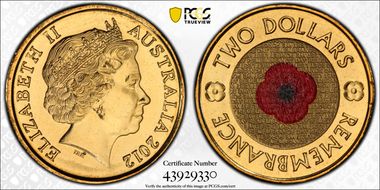 2012 $2 Remembrance Day Colorized MS66