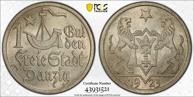1923 Gulden KM-145  Ag MS65